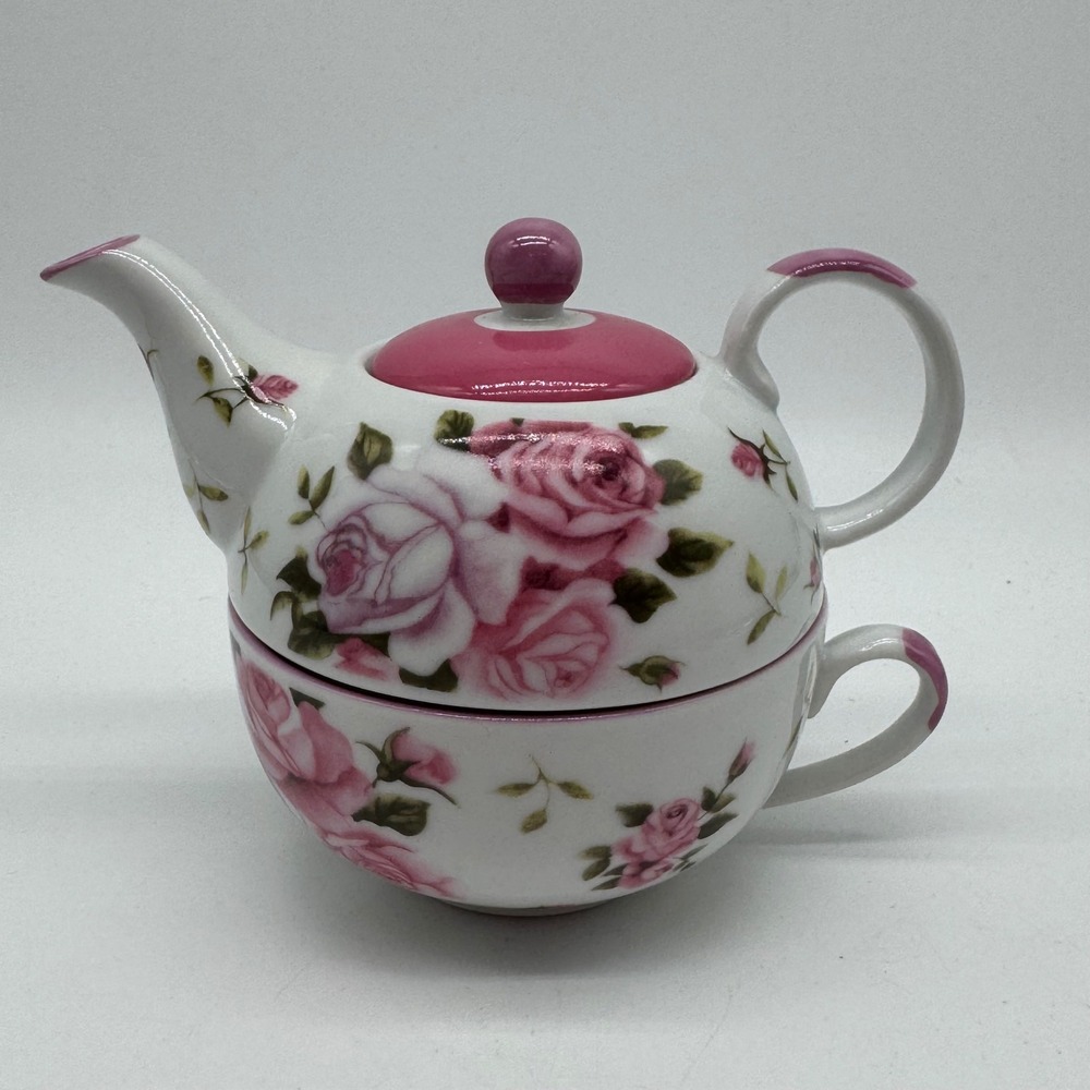 Vtg Pink Rose Porcelain Tea For One Stacking Set Mini Teapot Teacup Lid Girly